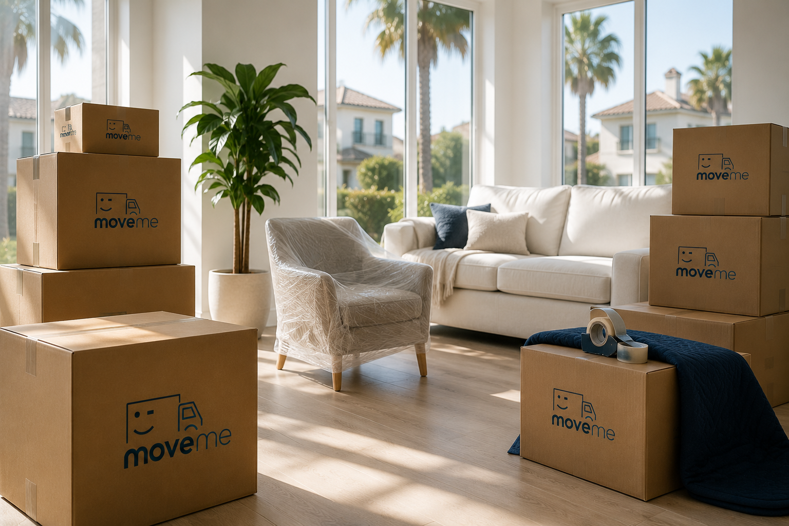A bright Orange County living room staged with Move Me moving boxes, ready for the move
